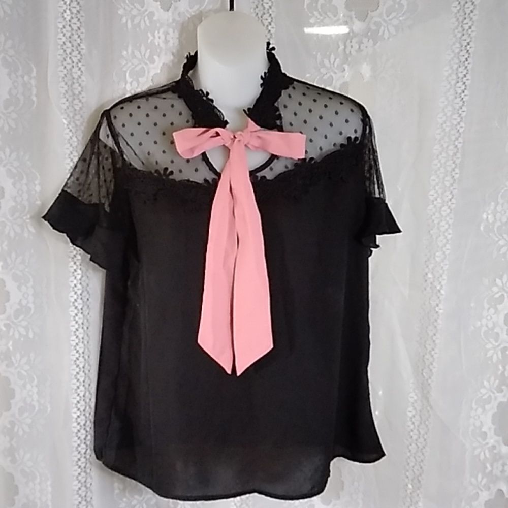 ELEGANT BLACK SHEER WITH PINK BOW LCCENT SHEIN WOMEN'S BLOUSE SIZE L